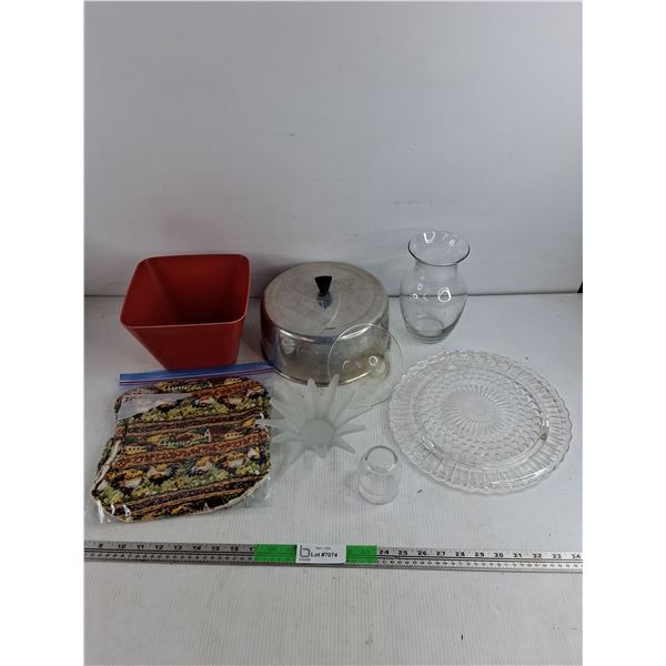 Glass Cake Stand, Metal Lid, Plastic Planter, Glass Vase, Tea Light Holder, Misc
