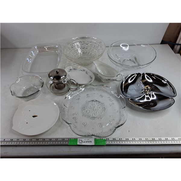 Glass Bowls, Tea Pot, Serving Platter, Divided Dish, Gravy Boat, Misc