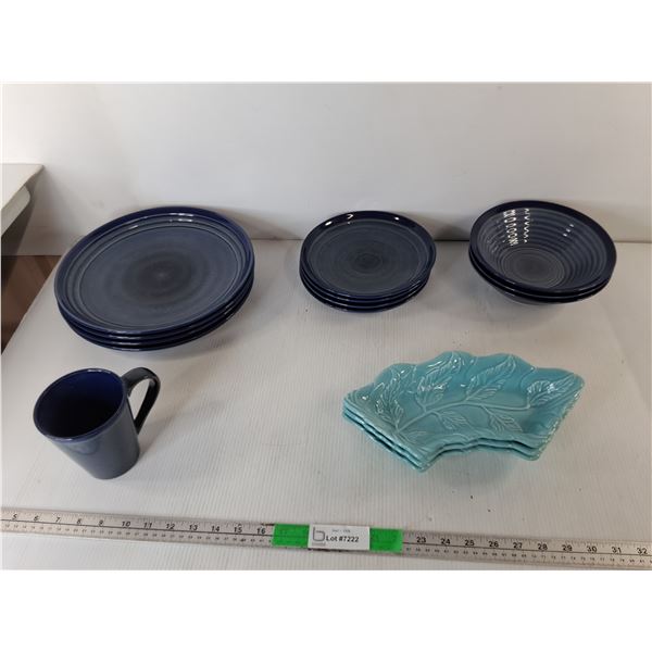 Ceramic Leaf Trays 11.5" & Blue Glaze Dish Set