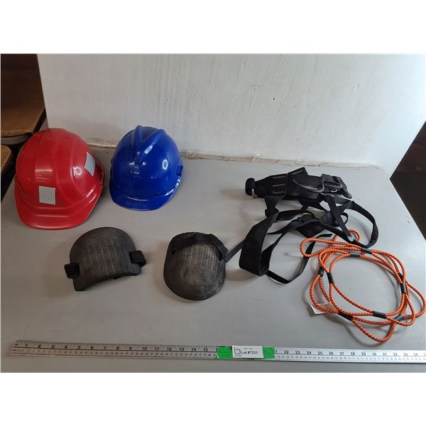 (2) Adjustable Hard Hats, Knee Pads & Black Diamond Safety Harness-L/Rope