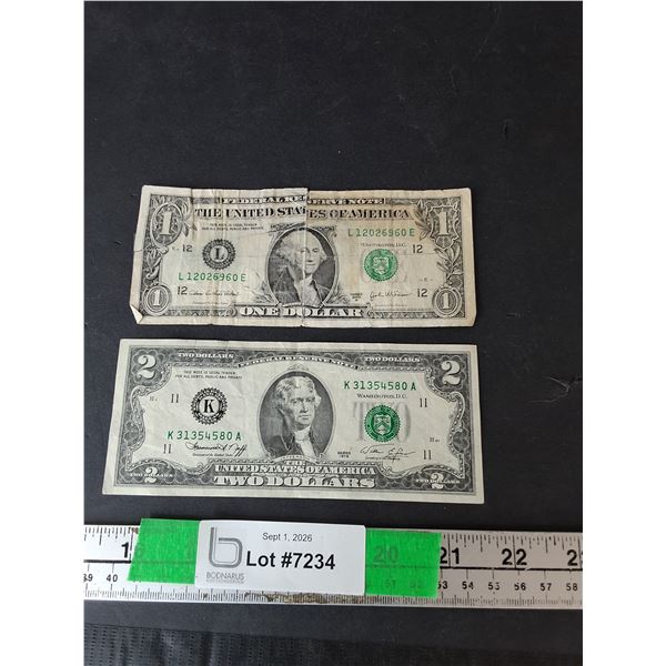 U.S. One- 2003 & Two- 1976 Dollar Bills