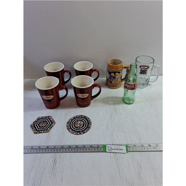 (6) Glass Mugs - Tim Hortons Set, Coca Cola Bottle, (2) Coasters