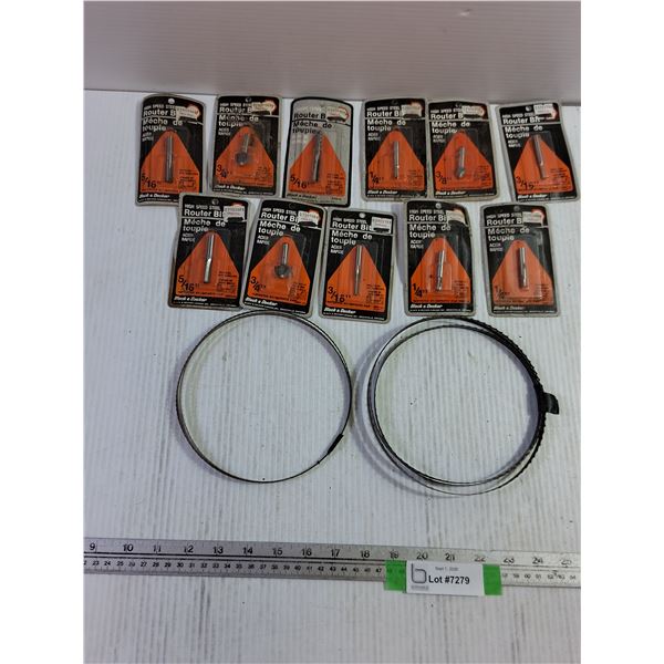(11) Black & Decker Router Bits, (5) 6.5" Bandsaw Blades