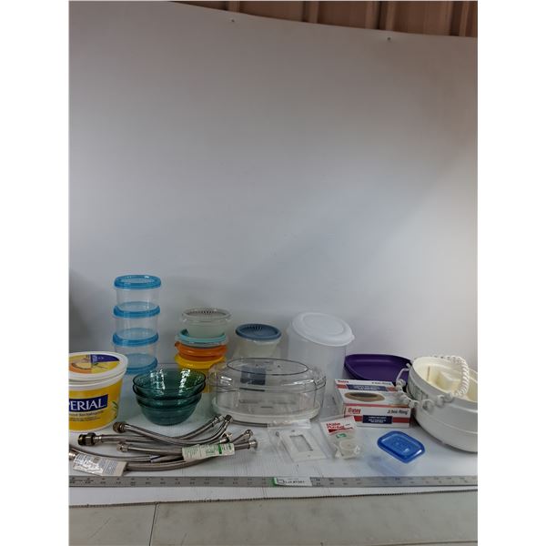 Plumbing parts, Various Tupperware, Plastic Bowls, Misc
