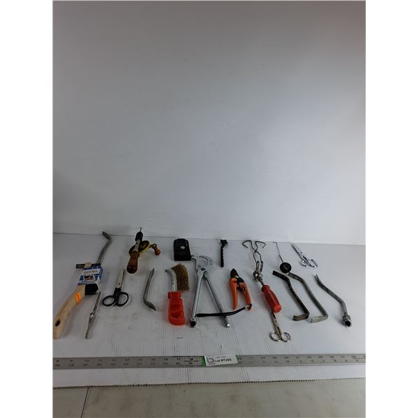 Manual Hand Drill, Curved-Handle Wire Scratch Brush, Scissors, Misc ( as is)