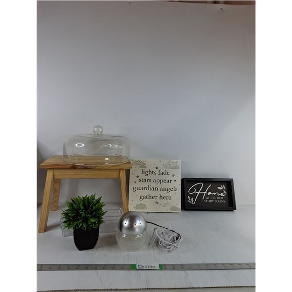 Wooden Stool, Artificial Plant, Wall Decor Signs, Misc ( as is)