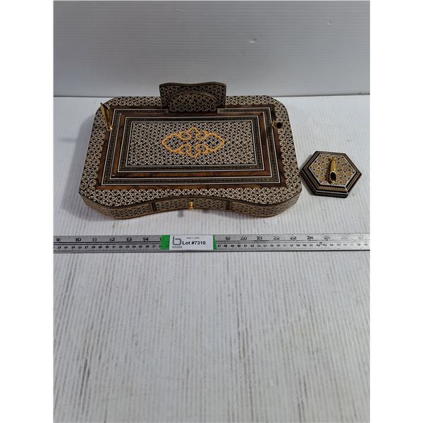 Vintage Persian Inlaid Wooden Desk Organizer with Built in Pen Holders