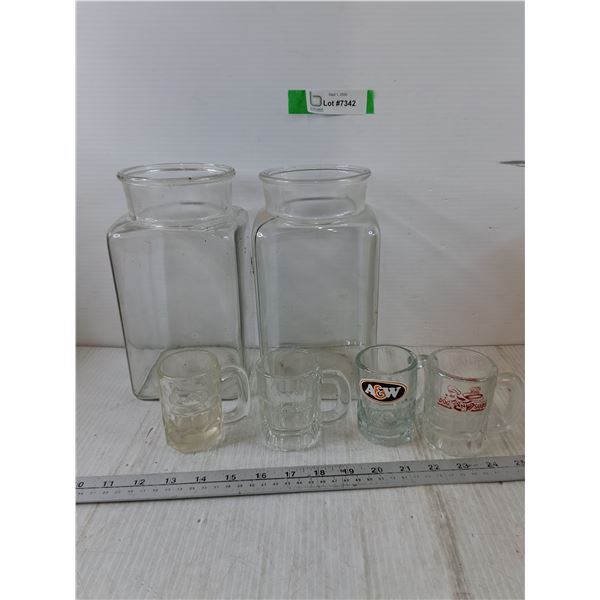 (2) Large Glass Jugs, (4) Small Glass Mugs