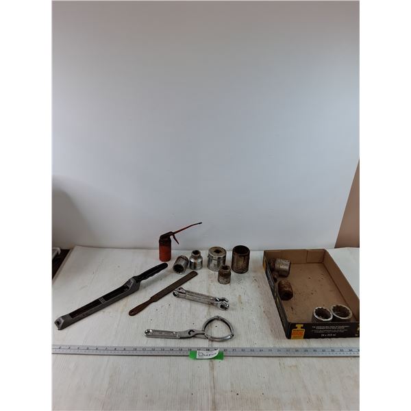 Rasp, Files, Assortment of Sockets, Oil Can, Oil Filter Wrench, (4) Small Combination Wrenches