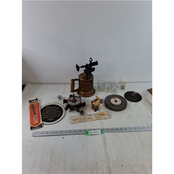 (3) Small Mugs, Grinding Wheel, Flaps Wheel, Blowtorch Untested, Small Bandage, Misc