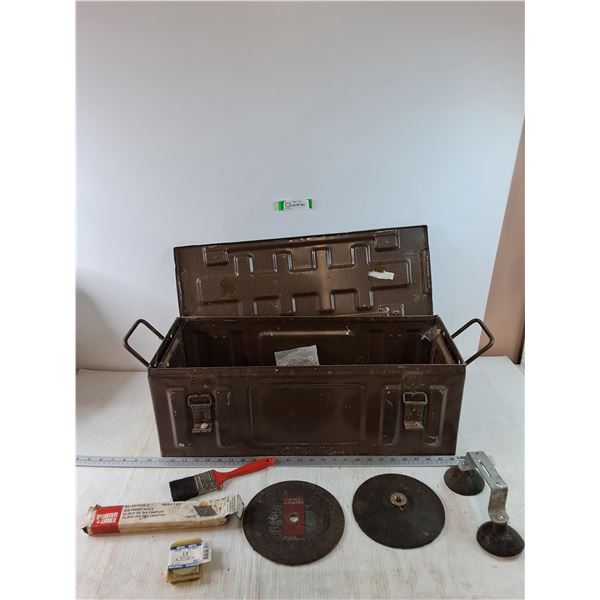 Dark Brown Toolbox with Arbor Wheel, Brush, Finish Nails, Washers, Misc