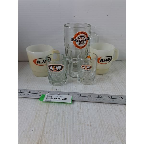 (2) A&W Coffee Cups, (2) Small A&W Mugs, (1) Large A&W Mug