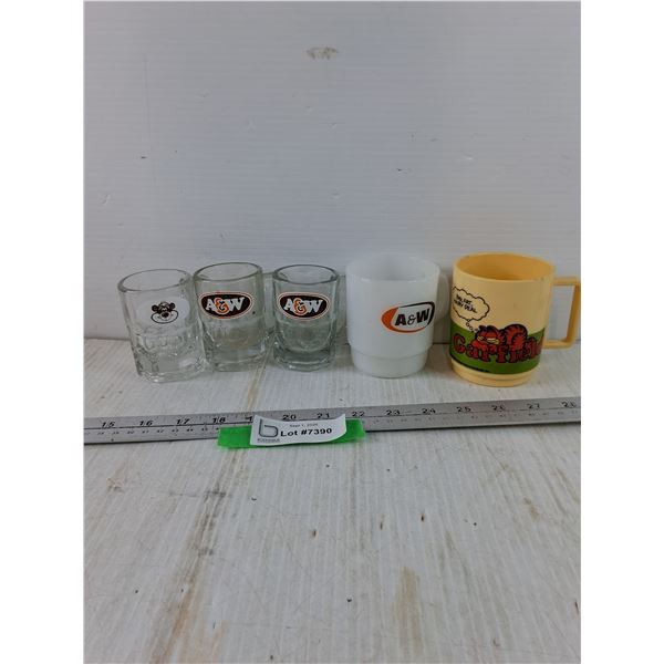 (1) A&W Coffee Cup, (2) Small A&W Mugs, (1) Garfield Plastic Mug