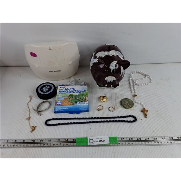 Coin Piggy Bank,Necklaces, Bracelet, Saskatchewan Token, Mosquito Coils, Hockey Puck, Misc