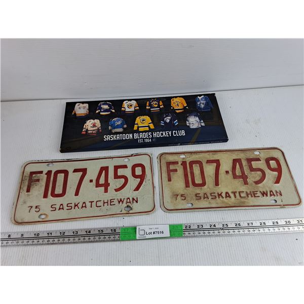 '75 Saskatchewan License Plates, Saskatoon Blades Hockey Club Wall Decor