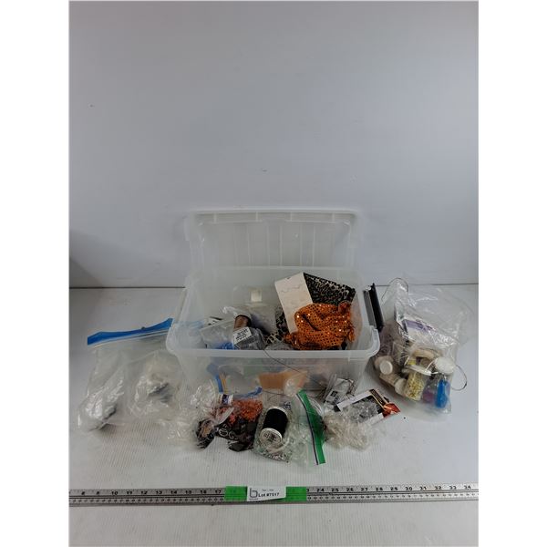 Assorted Craft Supplies, Beads, Plastic Container