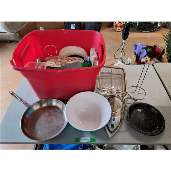 *Plastic Tote, Skillet, Mixing Bowl, Paper Towel Holder, Clothes Iron, Baking Tray, Misc