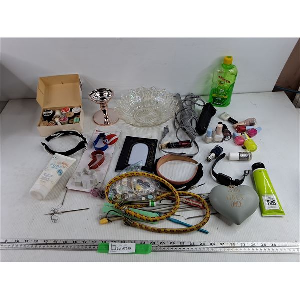 Glass Bowl, Assorted Sewing Supplies, Nail Polish, Cookie Cutters, Hair Trimmer & Straightener, Misc