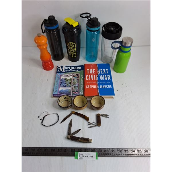 Sport Bottles, Spice Grinder, Marijuana & Next US Civil War Books, Tea Cups, Jack Knives, Bracelet