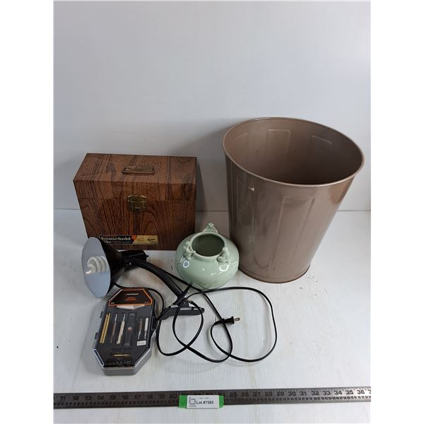 Metal Garbage Can, Gun Cleaning Kit, Clip Lamp - Working, Ceramic Bowl, File Box