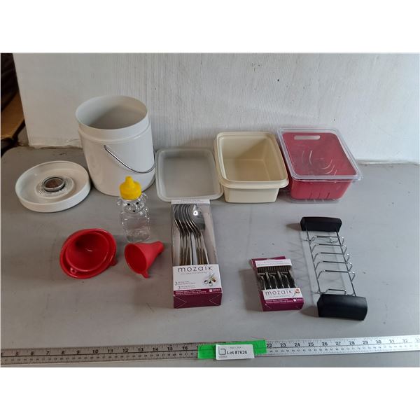 Plastic Cutlery, Silicone Funnels, Tupperware Container, Misc.