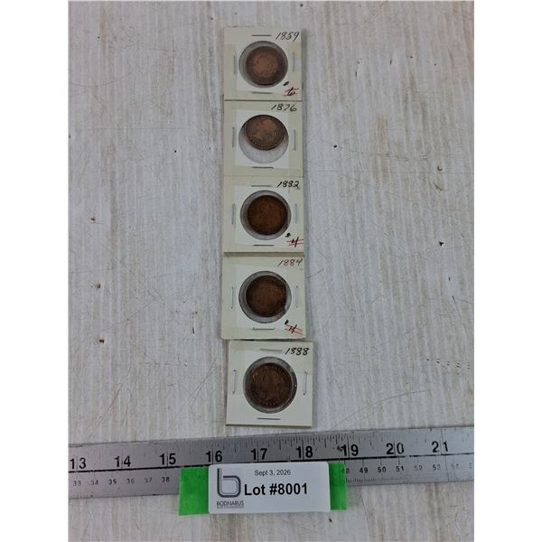 (5) One Cent Canadian Coins 19th Century, 1859, 1876, 1882, 1884, 1888