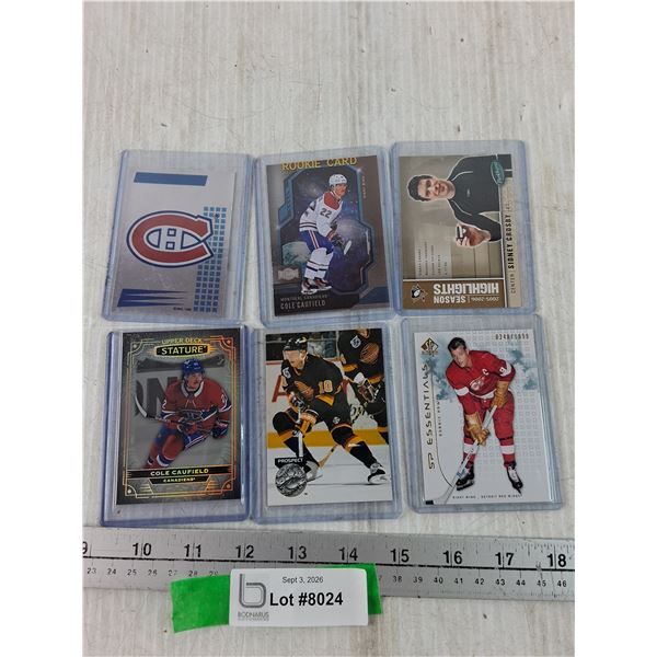 (6) NHL Hockey Cards, Cole Caufield Rookie, Second Year, Gordie Howe, Sidney Crosby, Pavel Bure
