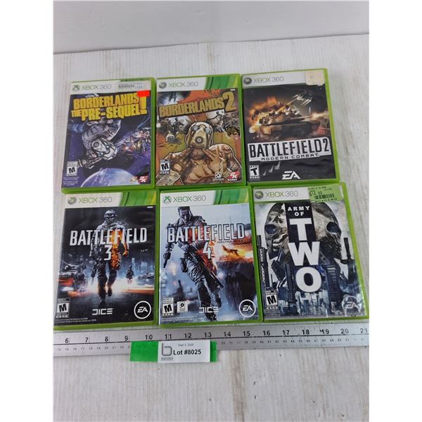 (6) XBOX 360 Games, Battlefield 2-4, Army of Two, Borderlands