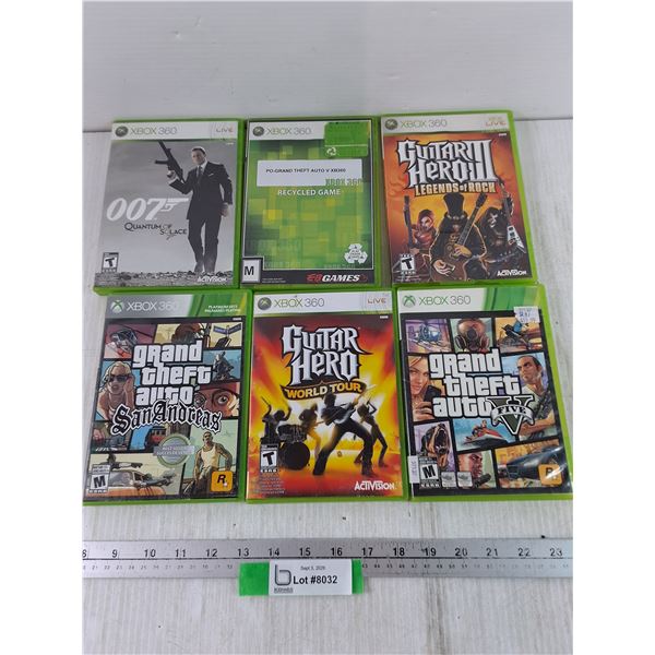 (6) XBOX 360 Games, Grand Theft Auto, Guitar Hero, 007