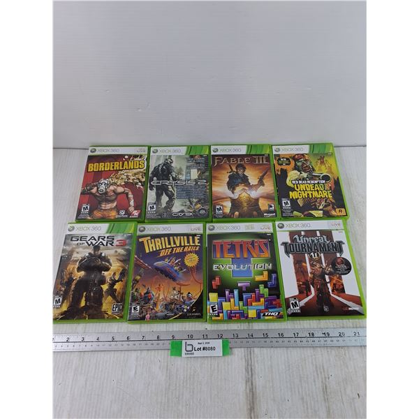(8) XBOX 360 Games, Gears of War, Fable, Red Dead, Crysis, Unreal, Tetris, Thrillville