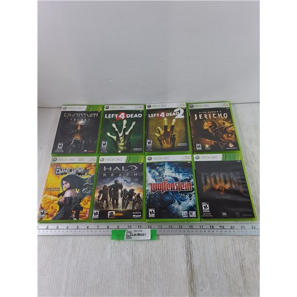 (8) XBOX 360 Games, Left 4 Dead, Wolfenstein 2009, Doom 3 BFG, Halo Reach, Bullet Witch, Jericho