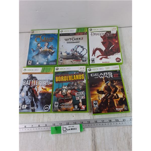 (6) XBOX 360 Games, Gears of war, Dragon Age, Borderlands, Battlefield, Witcher, Golden Compass