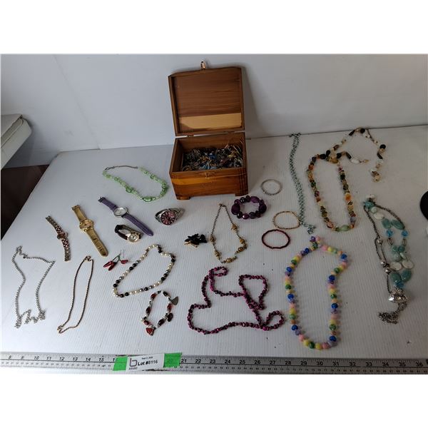 Wooden Jewelry Box & Jewelry/Watches- As Is
