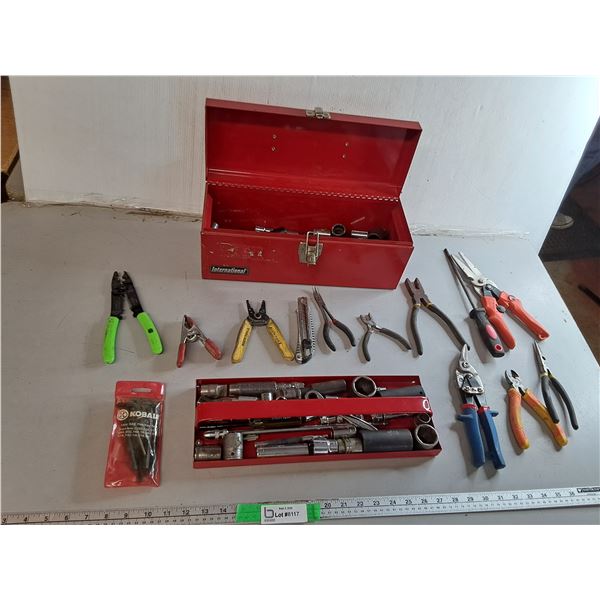 International Tool Box & Contents- Hex Key Set, Wire Stripper/Crimper, Pliers, Misc.