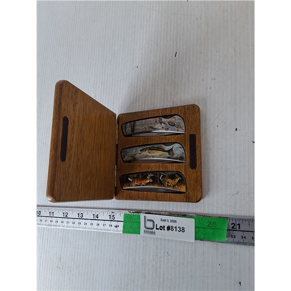 (3) Decorative Folding Knives 6" & Wooden Case