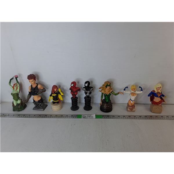(8) Action Figure Half Bust Figurines-Supergirl, Spidergirl, Batgirl, Misc.