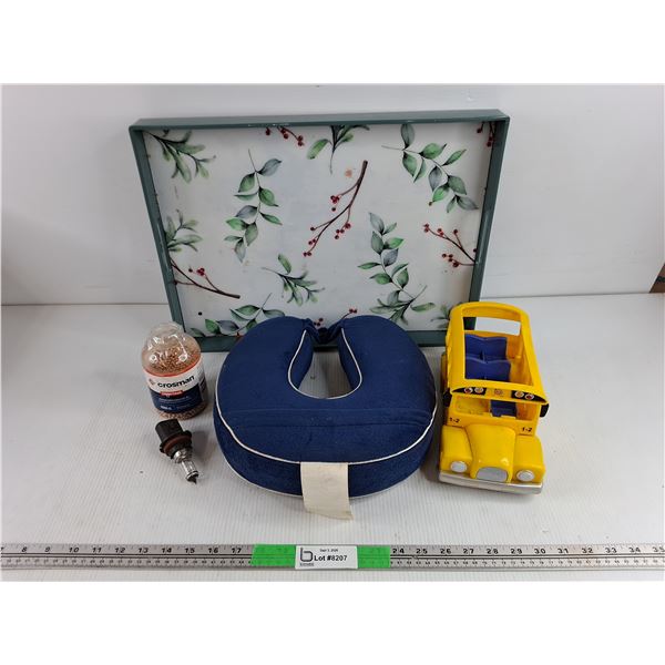 Copper Coated Steel BBs, Serving Tray, Neck Pillow, Toy School Bus, Halogen Bulb