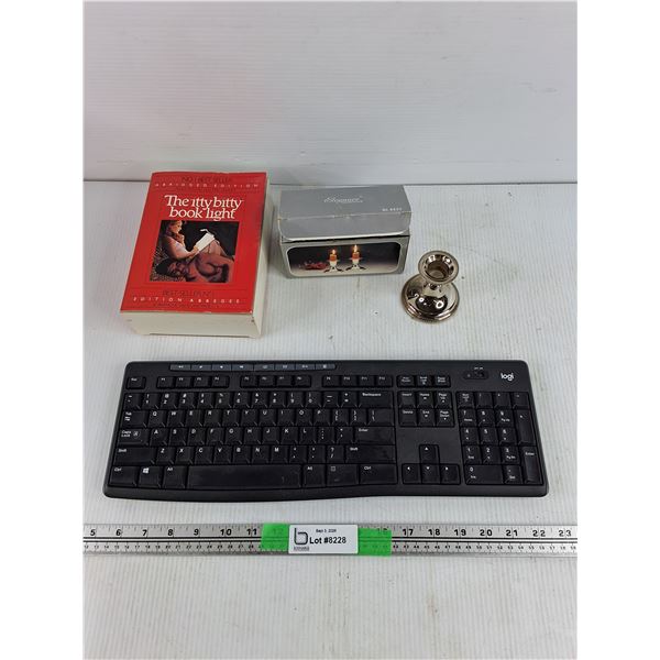 The Itty Bitty Book Light, Silver Candle Stick Holders, Logi Wireless Keyboard - As Is