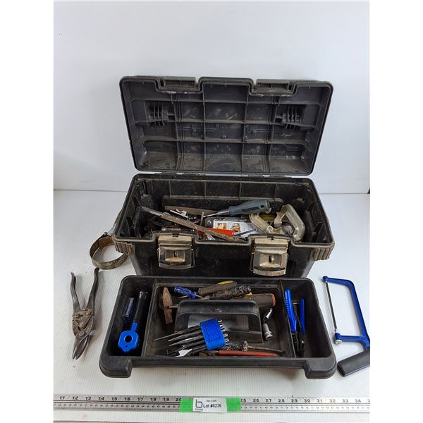 Plastic Tool Box, Tin Shears, Strap Wrench, Hack Saw, Metal File, C Clamp, Mallet, Misc