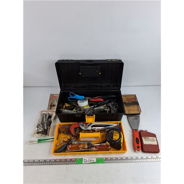 Plastic Tool Box, C Clamps, Putty Knife, Scissors, Chuck Key, Bolts, Measuring Tape, Misc