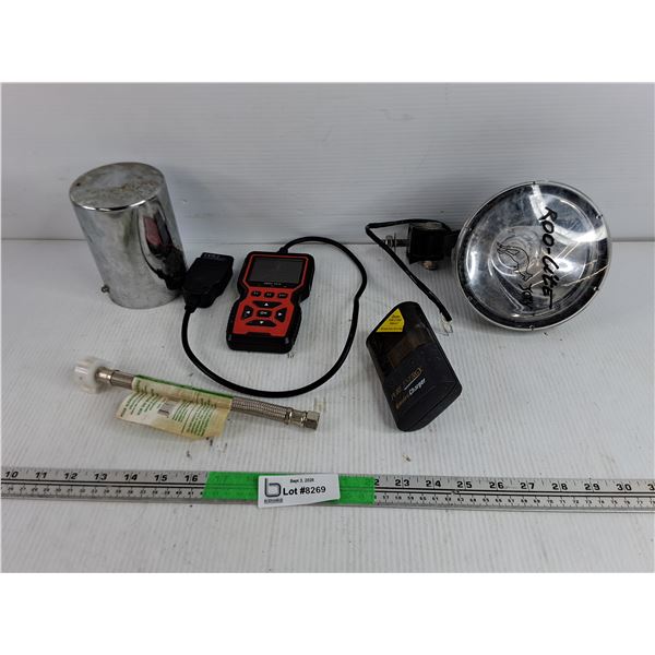 OBDII Scanner - As Is, Headlamp, Battery Charger, Plumbing Hose, Misc