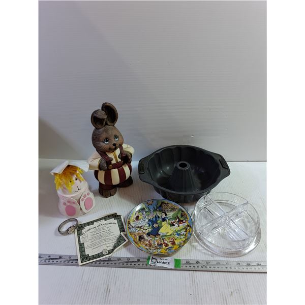 Decorative Plate 7.5", Glass Sectional Server, Rabbit Themed Candy Jar 12.5'', Bundt Pan 10.5", Misc