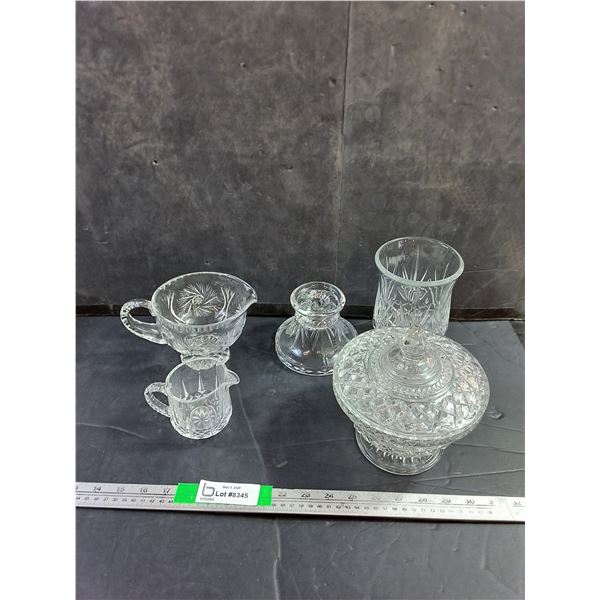 Various Glassware- Gravy Boat, Vase, Candy Jar, Candle Holder