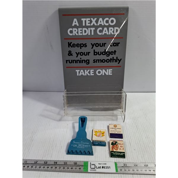 Vintage Texaco Credit Card Application Display Stand,Ice Scraper,(3) Vintage B/A,Gulf,Royalite Match