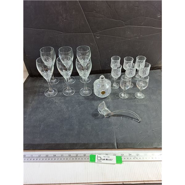 Assorted Glassware - (14) Wine Glasses, Glass Jar, Ladle