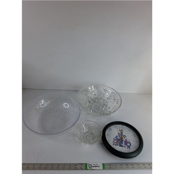 (2) Glass Bowls, Plastic Bowl, Christmas Wall Clock