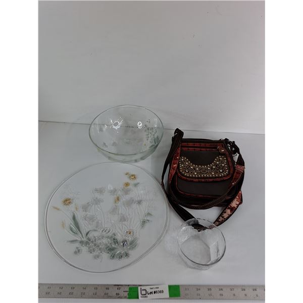 Crystal Bowl and Tray with Floral Details, Glass Bowl, Women's Sling Bag