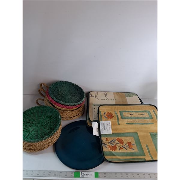 Wicker Plates, Wooden Tray, Seat Cushions