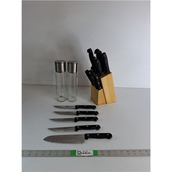 Salt and Pepper Shakers/Grinders, Various Knives with Stand