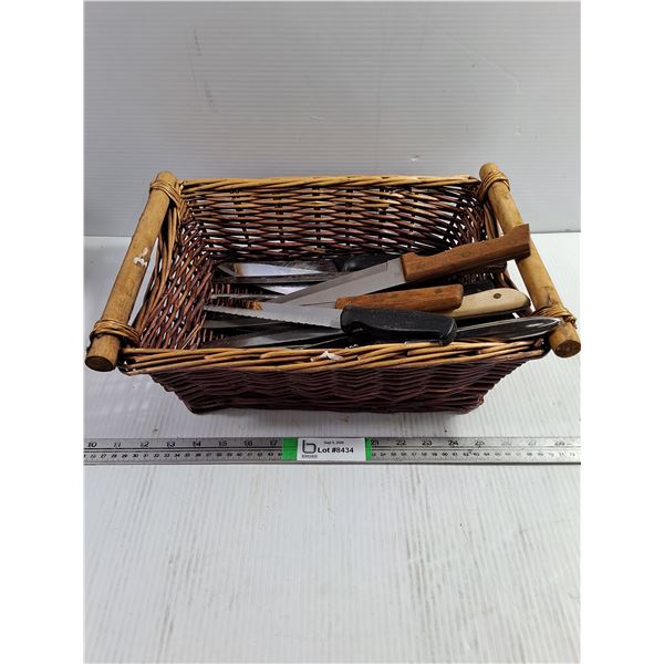 Lot of (28) Assorted Knives in Brown Wicker Basket